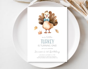 Our Little Turkey First Birthday Party Invitation for a boy, Fall Birthday Party Invite, Instant Download, Our little turkey invite