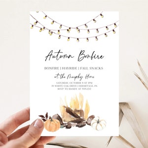 Autumn Bonfire Birthday Party Invitation, Instant Download, Editable, Backyard Bonfire Invite, Fall Birthday Party Invitation, e609