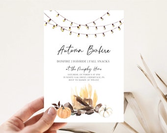 Autumn Bonfire Birthday Party Invitation, Instant Download, Editable, Backyard Bonfire Invite, Fall Birthday Party Invitation, e609