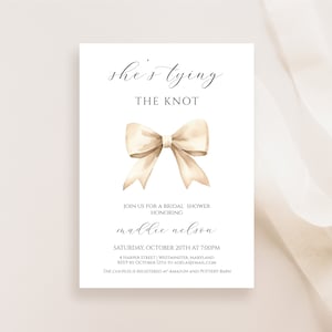 She&#39;s Tying the Knot Bridal Shower Invitation Instant Download, Minimalist Ivory Bow Bridal Shower Invite, Bow text invitation