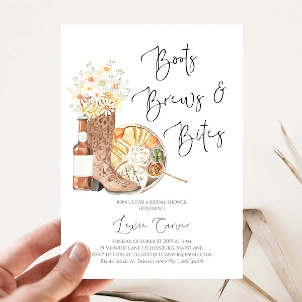 Daisy Boots, Brews and Bites Invitation, Western Charcuterie Invitation, Country Bridal Shower Invitation, Boots Bridal Shower Invite, E593C