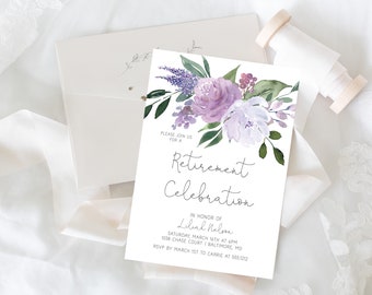Invitación morada para fiesta de jubilación, descarga instantánea, invitación editable para fiesta de jubilación, invitación floral para almuerzo de jubilación, e370