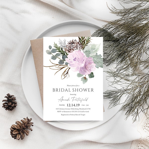 Purple Floral Bridal Shower Invitation, Winter Bridal Shower  Invitation, Instant Download, Editable Pinecone Bridal Shower Invite, e338p