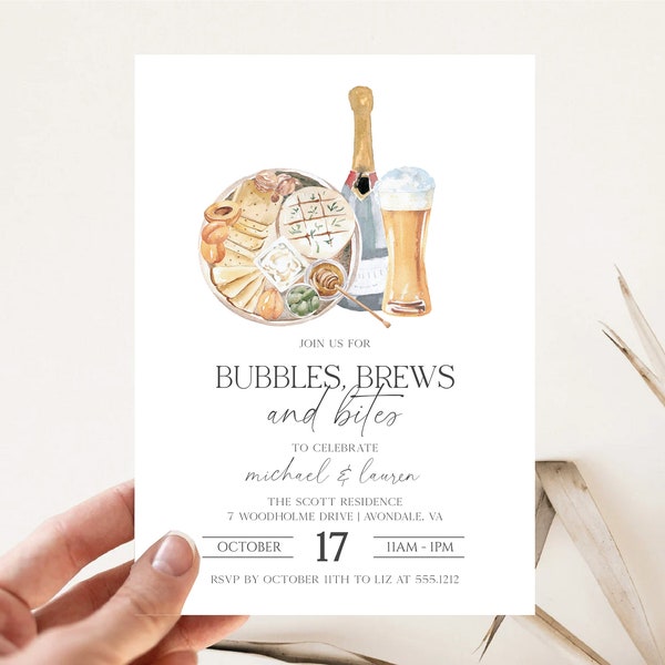 Bubbles, Brews and Bites Invitation Template, Instant Download, Editable Charcuterie Invitation, Cocktails and Appetizer Invite