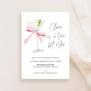 Plantilla editable de invitación de cumpleaños de coqueta, invitación para fiesta de cumpleaños número 30 de Martini, invitación de cumpleaños número 30 de Evite, invitación de cumpleaños de Tini un poco mayor
