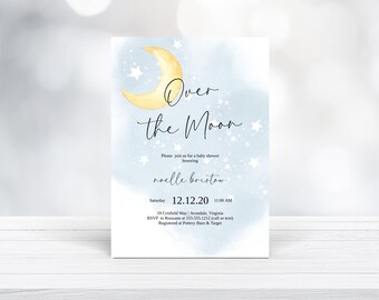 Invitation de baby shower bleue sur la lune, invitation d'étoiles de lune, baby shower céleste garçon, invitation de baby shower bohème, modèle modifiable, N97b