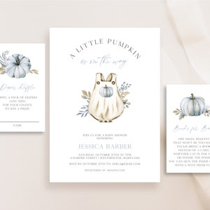 Blue Pumpkin Baby Shower Invitation Bundle, Editable Boy Pumpkin Onesie Shower Invite Instant Download, Little Pumpkin Baby Shower  e840b
