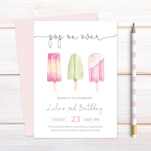 Popsicle Birthday Party Invitation, Baking Party Invitation, Girl First Birthday Invitation, Pop on Over Invite, e579