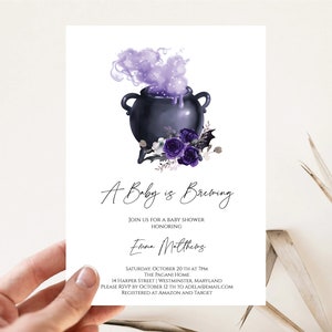Lila Halloween-Baby-Dusche-Einladung, bearbeitbar Ein Baby braut Baby-Dusche-Einladung, Templett, Herbst-Baby-Dusche-Einladung, e594p