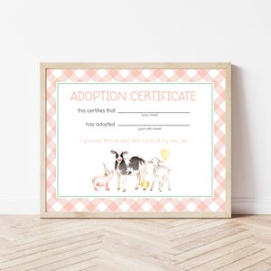 Printable Farm Animals Adoption Certificate, Adopt an animal sign Template, pet adoption sign, Instant Download,  L634