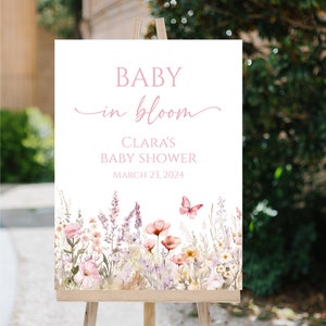Cartello di benvenuto per baby shower modificabile Baby in Bloom, cartello per baby shower con fiori di campo, download immediato Templett e733