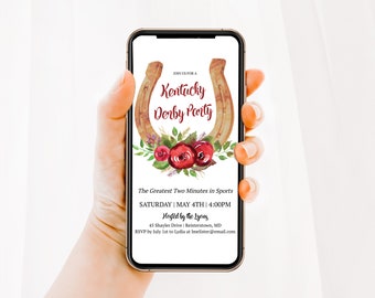 May include: A smartphone displays a Kentucky Derby Party invitation. The design features a horseshoe, floral accents, and event details. Text includes "Join us for a Kentucky Derby Party" and event information.
