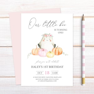 Ghost First Birthday Party Invitation for a girl, Fall Birthday Party Invite, Instant Download, Our little boo invite, e590