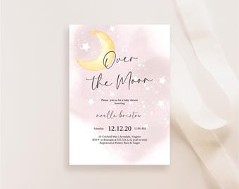 Rosa über dem Mond-Babypartyeinladung, Mond-Sterne einladen, Mädchen-himmlische Babyparty, Boho-Babyparty-Einladung, bearbeitbare Vorlage, N97