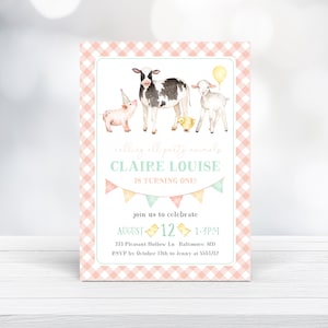 Printable Farm Animals First Birthday Party Invitation, Editable Girl Farm Birthday Party Invitation Template, Instant Download,  L634