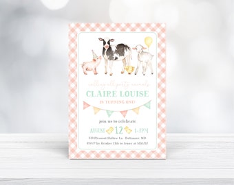 Invitación imprimible a la primera fiesta de cumpleaños de animales de granja, plantilla editable de invitación a fiesta de cumpleaños de granja de niñas, descarga instantánea, L634