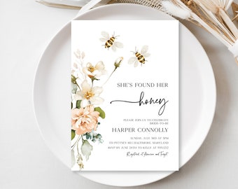 Editable Bee Bridal Shower Invitation, Honey Bee Bridal Shower Invitation, Templett Instant Download, Floral Bee Shower Invite