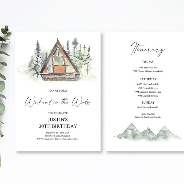 Weekend in the Woods Invitation, Cabin in the Woods Invite,  Weekend in the Wood Itinerary, INSTANT DOWNLOAD, e516