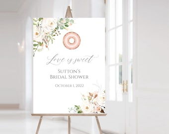 Donut Bridal Shower Welcome Sign, Love is Sweet Shower Editable Sign, Rose Gold Donut Bridal Shower SIgn, Templett, E589