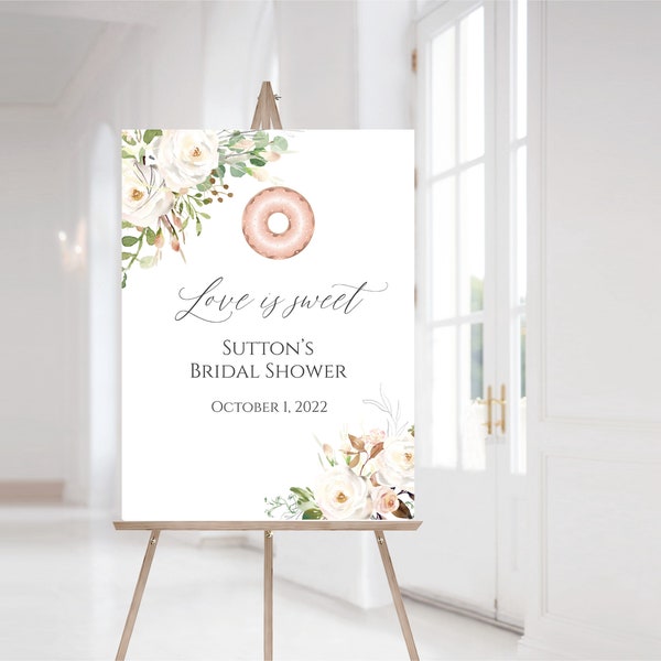 Donut Bridal Shower Welcome Sign, Love is Sweet Shower Editable Sign, Rose Gold Donut Bridal Shower SIgn, Templett, E589