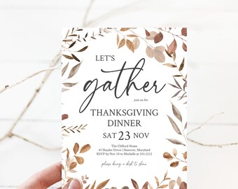 Let's Gather Thanksgiving Dinner Invitation Template, Friendsgiving Invitation, Editable Thanksgiving Dinner Digital Invite, Templett