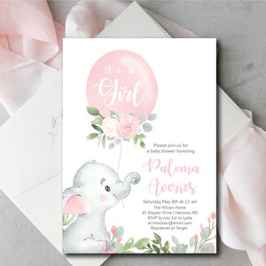 Invitation de douche de bébé éléphant rose, c&#39;est une invitation de douche de bébé fille, fille d&#39;invitation de douche de bébé modifiable, invitation de douche de ballon rose, E292