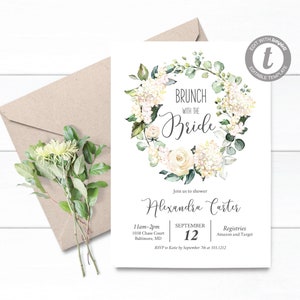 White Floral Brunch with the bride Invitation, Instant Download, Editable, Bridesmaids Luncheon Invite, Roses Bridal Brunch Invite, e165