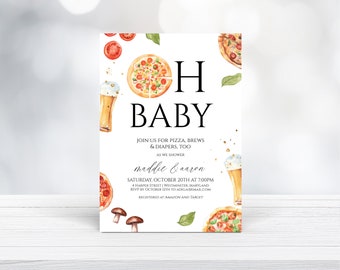 May include: A white baby shower invitation with a watercolor illustration of pizza, beer, and mushrooms. The text reads "Oh Baby! Join us for pizza, brews & diapers, too. As we shower Maddie & Aaron. Saturday, October 20th at 7:00pm. + Harper Street | Westminster, Maryland. RSVP by October 12th to adelaemail.com. Registered at Amazon and Target."