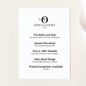 May include: A white invitation card with black text. The card features the text "OOH LA LOVELY DIY" at the top, followed by details about the product, including "Instant Download" and "Printed Invitations Available US only."