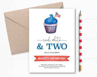 Red White and Two Party Invite, Fourth of July Birthday Party Invitation, Instant Download, Editable Second Birthday Party Invite, e455