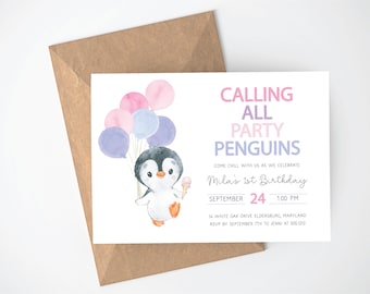 Penguin Birthday Party Invitation, Girl First Birthday Party Invitation, Instant Download, Digital Birthday Party Invite