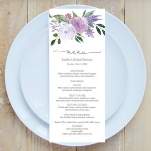 Lila Blumen druckbares Menü, sofortiger Download, bearbeitbares Ruhestandsfeier-Menü, Blumenluncheon-Menü, e370