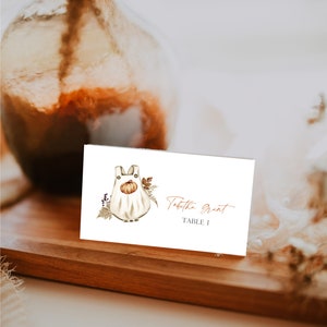 Tarjetas editables de comida en carpa para baby shower con forma de calabaza, carpas de comida para baby shower con monos de otoño, descarga instantánea de Templett, tarjetas con nombre para baby shower, e840