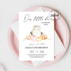Ghost Second Birthday Party Invitation for a girl, Fall 2nd Birthday Party Invite, Instant Download, Our little boo invite, e590
