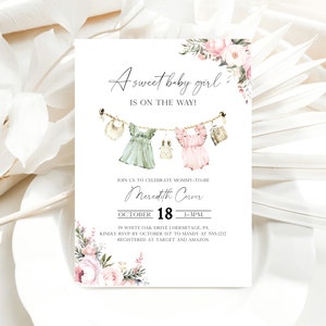 Editable Girl Clothesline Baby Shower Invitation, Boho Baby Shower Invitation Instant Download, Girl Baby Shower evite, e707f
