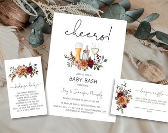 May include: Three printable cards for a baby shower. The main card has a floral design with a beer, bottle, and wine glass. The text reads "Cheers! Join us for a Baby Bash honoring Joey & Jennifer Murphy. Sunday, October 10, 2019 at 6:00 PM. 45 Shayler Drive | Reisterstown, MD. RSVP by July 1st to Lydia at lmelister@email.com. Registered at amazon.com". The second card has a floral design and the text "Books for Baby. One small request that won't be too hard. Please bring a book instead of a card. Whether cat in the hat or Winnie the Pooh. You can sign the inside cover with a note from you!" The third card has a floral design and the text "Diaper Raffle. Bring a pack of diapers (any size) for your chance to win a prize! Name: "