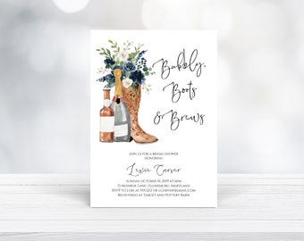 Navy Bubbly, Boots and Brews Invitation, Western Bridal Shower Invitation, Country Bridal Shower Invite, Boots Bridal Shower Invite, E368