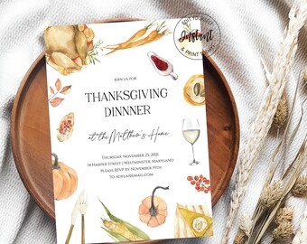 Thanksgiving Dinner Invitation Template,  Friendsgiving Invitation, Editable Thanksgiving Dinner Invitation, Templett, e601