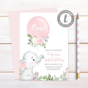 Pink Elephant Birthday Party Invitation,  Editable First Birthday Party Invitation Girl, Pink Balloon Invitation, Girl First Birthday, E294