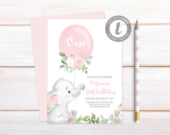 Pink Elephant Birthday Party Invitation,  Editable First Birthday Party Invitation Girl, Pink Balloon Invitation, Girl First Birthday, E294