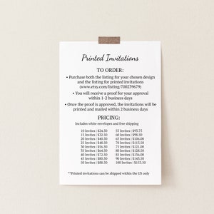 May include: A white paper with the text "Printed Invitations" and pricing details, attached to a light beige wall with a piece of tape. The text includes ordering instructions and a link to an Etsy listing.