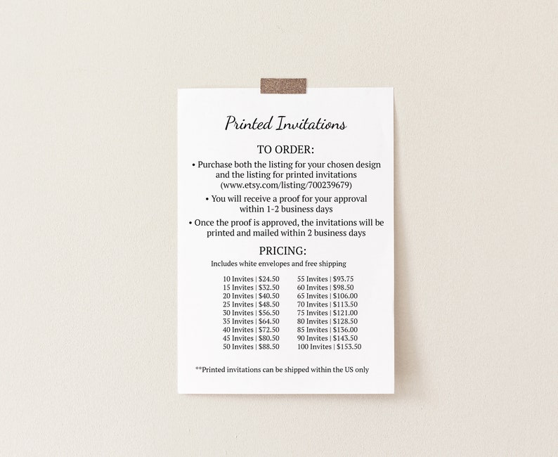 May include: A white paper with the text "Printed Invitations" and pricing details, attached to a light beige wall with a piece of tape. The text includes ordering instructions and a link to an Etsy listing.