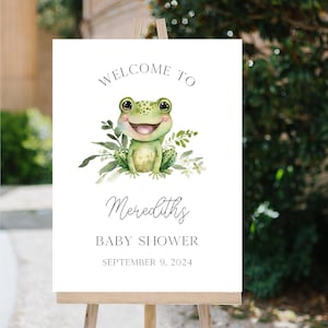 Frosch Baby Shower Willkommen Zeichen Druckbares Frosch Zeichen für Babyparty Printable Frosch Zeichen Hop on Over Baby Shower Einladung e800
