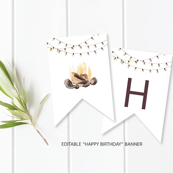 Editable Bonfire Birthday Banner, Instant Download Birthday Banner, Templett, e510