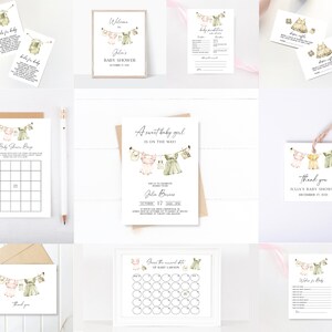 Editable Girl Baby Shower Invitation Bundle, Boho Baby Shower Invitation, Templett Instant Download, Girl Baby Clothes Shower Invite, e707