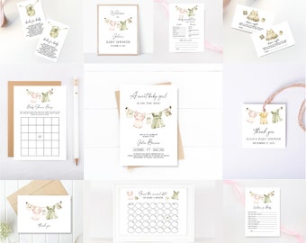 Editable Girl Baby Shower Invitation Bundle, Boho Baby Shower Invitation, Templett Instant Download, Girl Baby Clothes Shower Invite, e707