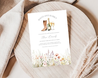 Wildflower Boots and Bubbly Invitation, Country Bridal Shower Invitation, Boots Bridal Shower Invite, Western Bridal Shower Invitation