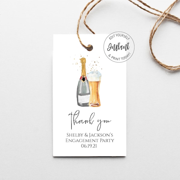 Bubbles and Brews Favor Tag, Editable Favor Tag Template,  Instant Download, templett, e375