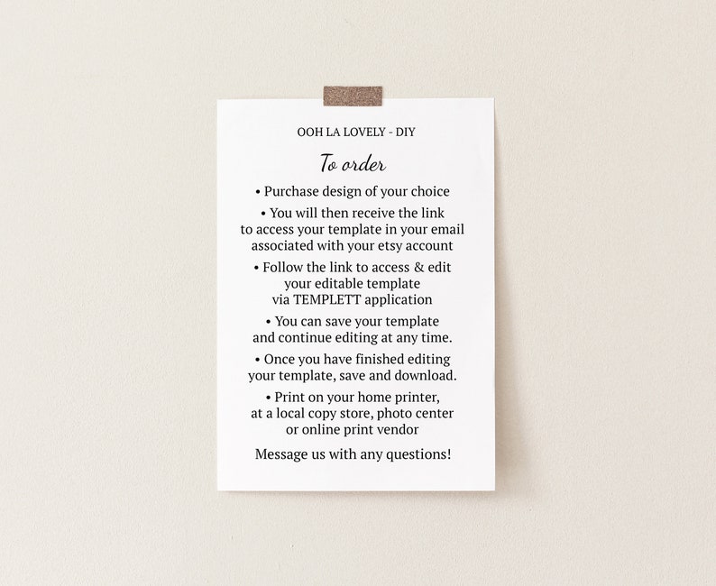 May include: A white paper with the text "OOH LA LOVELY - DIY" and instructions on how to order a template. The paper is attached to a beige wall with a piece of brown tape. The text includes bullet points.