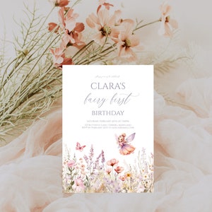 Invito alla festa di primo compleanno della fata Boho, invito al primo compleanno della fata dei fiori selvatici, modello di invito Pixie modificabile, evita fata